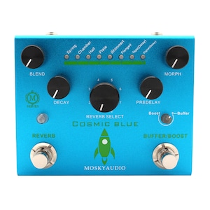 May include: A blue electric guitar effects pedal with the text "COSMIC BLUE" and "MOSKYAUDIO" printed on it. The pedal has knobs for blend, decay, reverb select, predelay, and morph. It also has a footswitch for reverb and a footswitch for buffer/boost.