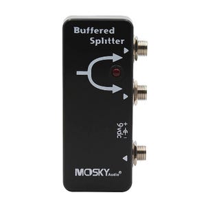 May include: Black buffered guitar splitter pedal with the text "Buffered Splitter" and "MOSKY Audio" on the front. The pedal has three 1/4 inch jacks and a 9VDC power input.