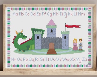 Fairytale cross stitch pattern, alphabet cross stitch digital download with dragon Castle, Prince and Princess, for nursery decor