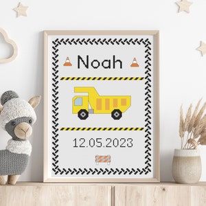 Dump truck cross stitch pattern digital download, personalisable birth sampler for kids bedroom, nursery decor or gift for baby shower