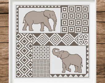 Elephant cross Stitch pdf pattern with African block print pattern, digital download for craft lovers.