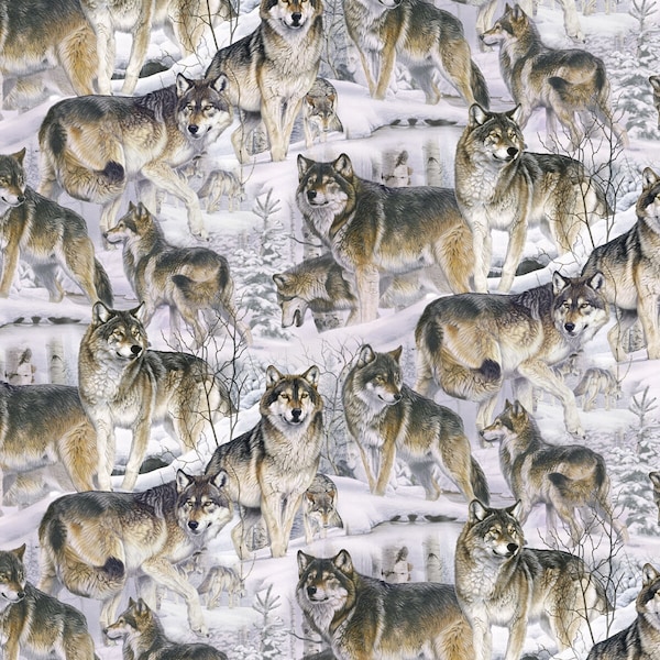 Wolf Pack Moving Through The Forest In Winter Snow 100% Cotton Fabric 3596