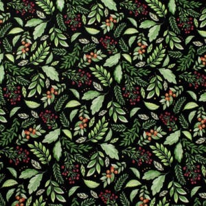Christmas Holly Berries Leaves Mistletoe on Black 100% Premium Cotton Fabric - IN