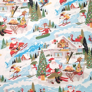 Christmas Alexander Henry Santa Winter at Ski Resort Skiing Snowboarding 100% Cotton Fabric -  R3600