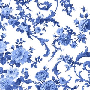 Elegant Blue & White Chinese Painting Porcelain Rose Premium 100% Cotton Fabric - 3541