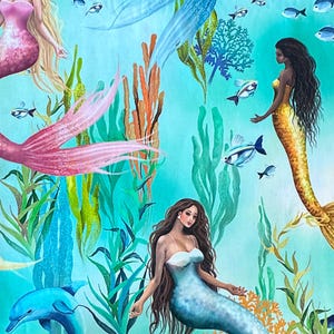 Beautiful Blue Pink and Gold Mermaids 100% Cotton Fabric 3280