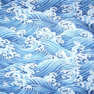 Premium The Great Wave Silver Metallic Ocean Waves Baby Blue 100% Cotton Fabric IN