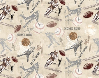 Sports Football Basketball Baseball in Action 100% Cotton Fabric 3299