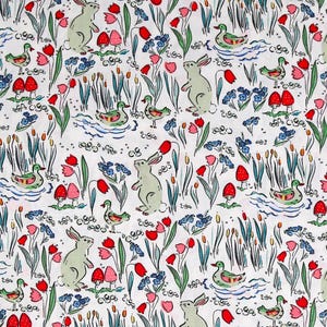 Mushrooms Bunny Rabbits Tulip Flowers Woodland Creek & Ducks 100% Cotton Fabric - 3878