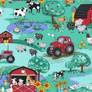 Tessuto di cotone 100%, motivo: fattoria degli animali, famiglia, stalla, mucche, maiali, pecore, capre e anatre, 3367