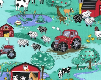 Land Tiere Bauernhof Familie Scheune Kühe Schweine Schafe Ziegen Enten und Traktoren 100% Baumwolle Stoff 3367