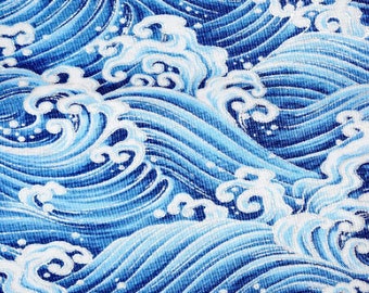 Premium The Great Wave Silver Metallic Ocean Waves Fabric Baby Blue 100% Cotton Fabric- 3286