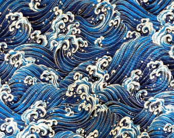 Premium The Great Wave off Kanagawa Gold Metallic Ocean Waves Japanese Blue 100% Cotton Fabric