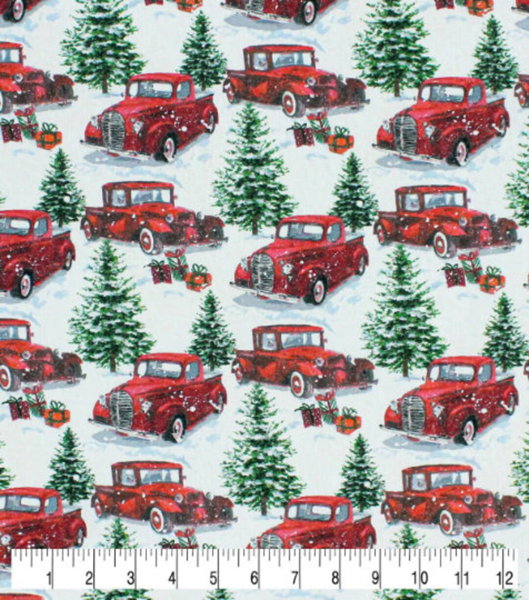 Christmas Red Trucks in Snow Glitter in White Holiday Xmas Trees 100