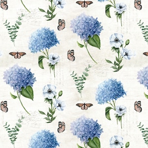Premium Hydrangeas Flowers Butterflies and Leaves100% Cotton Fabric  - 3564
