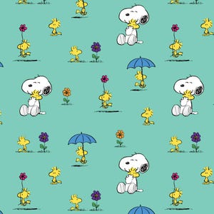 Peanuts Snoopy Woodstock Summer Raining Day with Flowers 100% Cotton Fabric 3856