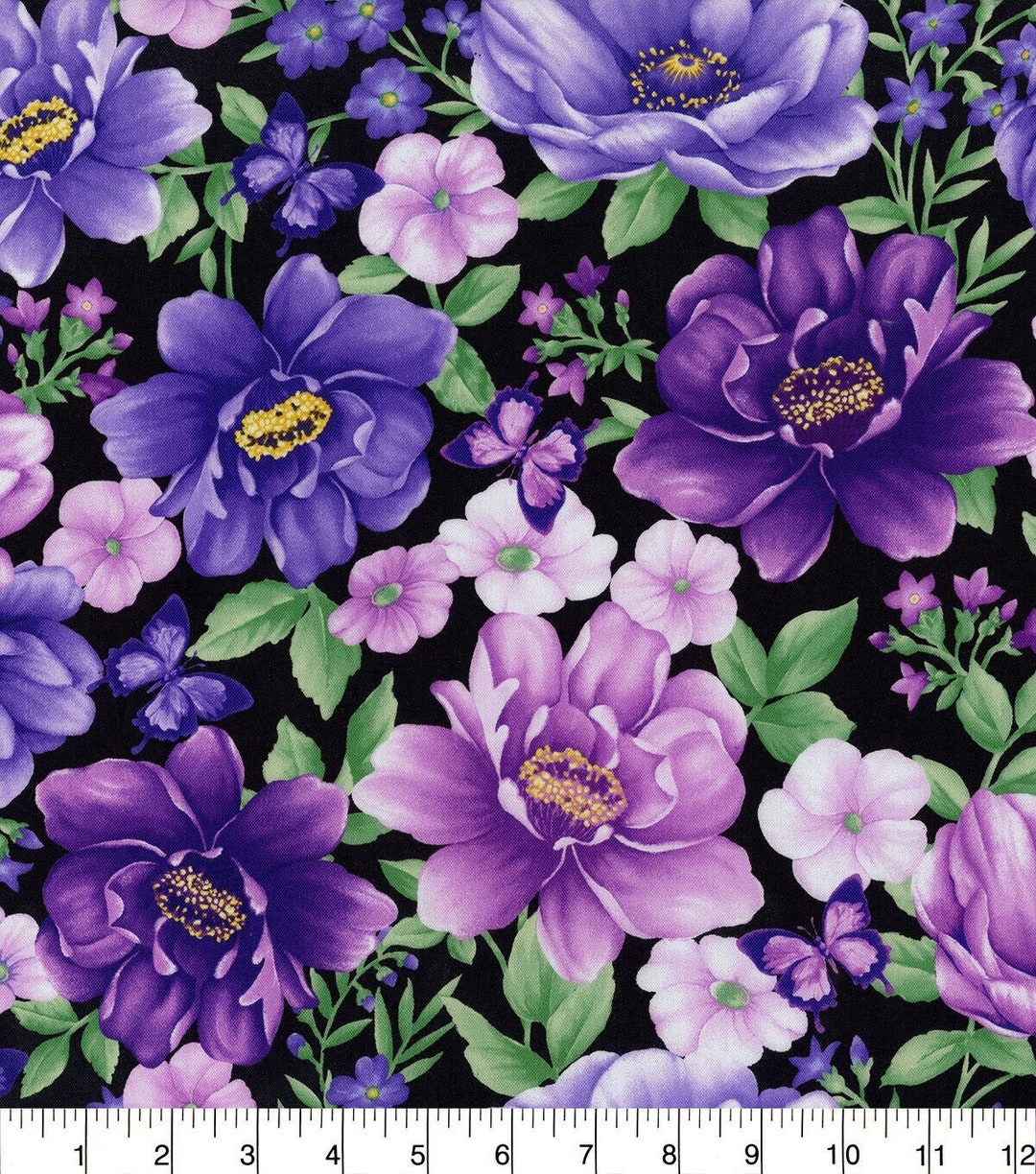 Purple Pink Flowers on Black Hi Fashion Premium Soft 100% Cotton Fabric ...