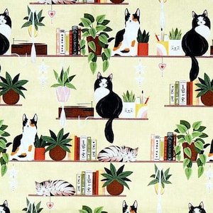Cats Plants& Books on Yellow 100% Cotton Fabric 3812