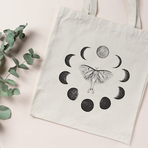 Moon Tote Bag, Luna Moth Tote Bad, Eco-Friendly Canvas Tote Bag, Celestial Tote Bag, Witchy Tote Bag, Moon Gift, Cottagecore, Goblincore