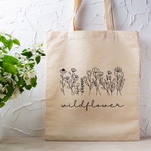 Floral Tote Bag, Wildflower Eco-Friendly Canvas Tote Bag, Flower Tote Bag Aesthetic, Gift For Her, Plant Lover Beach Bag, Reusable Bag