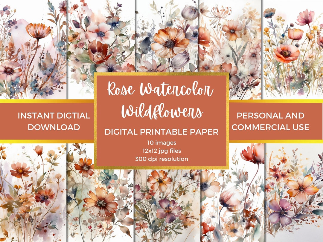 Rose Gold Watercolor Flowers Digital Paper Printable Paper Watercolor ...