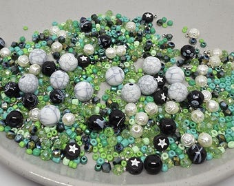 Green mix beads, 50g, Jewellery making supplies, Glass and acrylic beads