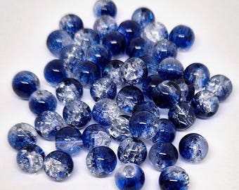 8mm blue and clear glass beads, Round beads, Crackle beads, Jewellery making, 40 beads