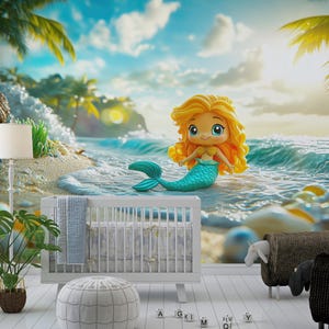 Cute Mermaid Wallpaper, Nursery and Kids Room Decor, Peel and Stick Ocean Wall Mural, Nursery Wallpaper, Nursery Wall Decor, Mermaid Decor