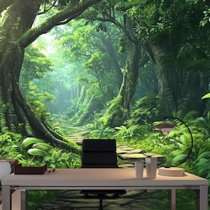 Tropical Green Wallpaper Mural, Peel and Stick Removable Wallpaper, Jungle Wall Art, Forest Theme Wall Decor, Landscape Wallpaper