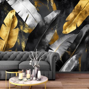 Peel and Stick Dark Mural with Gold & Black Leaves, Luxury Wall Decor, Modern Removable Wallpaper, Mural Wallpaper, Canvas and Vinyl