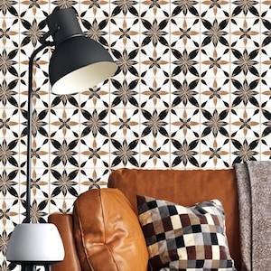 Black and Brown Vintage Tile Wallpaper, Peel and Stick Mediterranean Wallpaper, Retro Tile Pattern Wallpaper, Vintage Decor, Tile Wallpaper