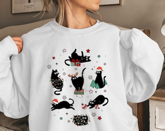 Christmas Black Cat Sweatshirt, Black Cat Christmas Shirt, Kitten Christmas Shirt, Cat Lover Gift, Cat Mom Sweater,Xmas Gift, Holiday Hoodie