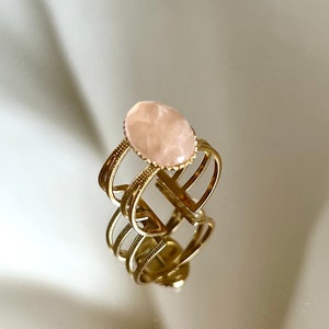 Rose quartz stone ring, adjustable and adjustable ring in 316L gold stainless steel, precious stone stainless steel ring, jewelry for women