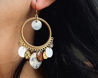 Dangling pearl and mother-of-pearl sequin earrings, boho jewelry for women, stainless steel, ear hook, summer, Latina