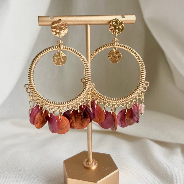 Pendientes colgantes, colorido naranja y rosa, lentejuelas y charm de perlas, joyería boho hecha a mano, joyería de verano mujer latina