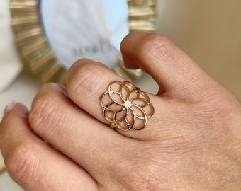 Mandala-Blumenring aus Edelstahl, verstellbarer, verstellbarer Fingerring, feiner und durchbrochener goldfarbener Damenring