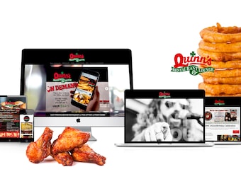 May include: A digital display of Quinn's Restaurant & Lounge branding across multiple devices including a desktop computer, laptop, tablet, and smartphone, accompanied by a stack of golden-brown onion rings and a pile of fried chicken wings.