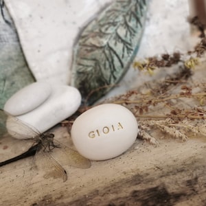 Può includere: Pietra bianca con la parola "GIOIA" incisa in lettere dorate. La pietra è circondata da fiori secchi e una libellula.