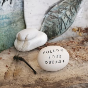 Puede incluir: Arreglo decorativo con una piedra blanca con las palabras "FOLLOW YOUR DREAMS" grabadas. Una libélula seca y piedras blancas dispuestas sobre una superficie de madera, con un fondo borroso.