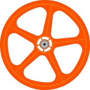 May include: Vibrant orange bicycle wheel featuring five spokes. The wheel has a circular rim and a central hub with a silver bearing. The spokes are wide and angular, forming a star-like design. The wheel is designed for a bicycle.