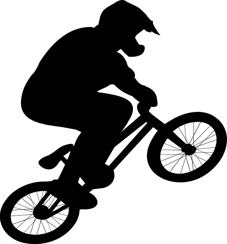 May include: Black silhouette of a BMX rider performing a trick. The rider is wearing a helmet and is mid-air with the front wheel of the bike raised. The image is a graphic illustration of a BMX bike and rider.