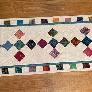 Table Runner, 9 Patch, Batiks, Flange Binding, Multi-Colored, Bright, Modern, Quilted