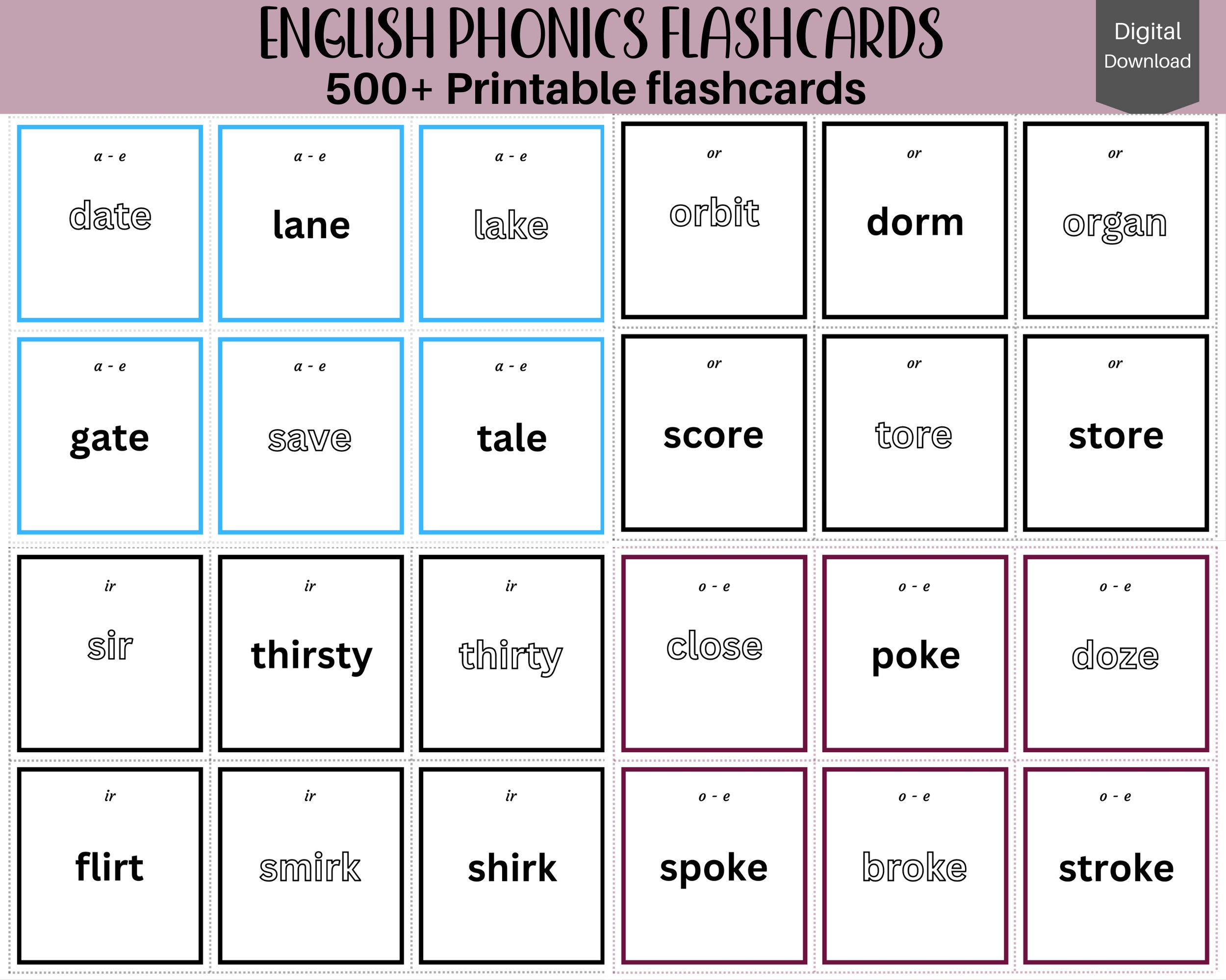 500 Flashcards for Phonics Without Pictures, Beginner, Intermediate ...