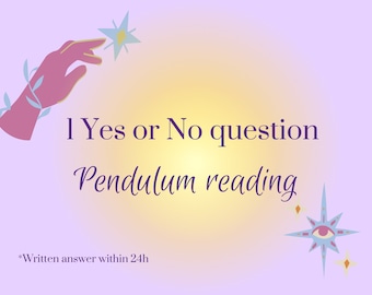 May include: A purple and yellow background with a pink hand reaching towards a blue star. The text "1 Yes or No question Pendulum reading *Written answer within 24h*" is displayed in purple.
