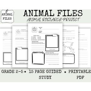 May include: A set of printable animal research project sheets. The pages are white with black text and illustrations. The title "ANIMAL FILES" is at the top, with "ANIMAL RESEARCH PROJECT" below. Includes a report form and a world map.