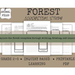 Könnte beinhalten: Druckbare PDF-Arbeitsblätter für eine Waldökosystemstudie. Das Design zeigt den Text "FOREST ECOSYSTEM STUDY" und "ANIMAL FILES". Die Arbeitsblätter sind für die Klassen 2-5 konzipiert und basieren auf der Forschung.