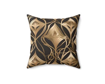 Elegante almohada negra y dorada - Almohada cuadrada de poliéster hilado