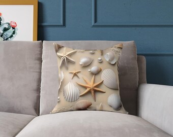 Almohada cuadrada de polilona - conchas marinas perlas arena