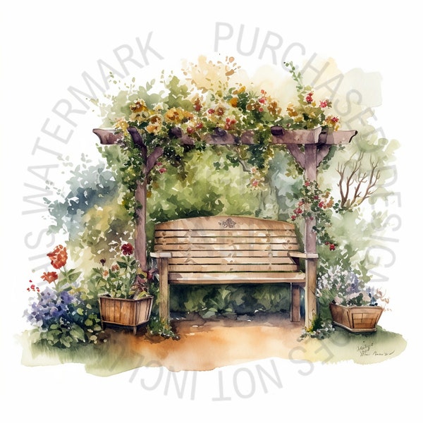 A Bench In A Garden Clipart Bundle, 15 High Quality JPGs, Watercolor Garden Rustic Clipart, Beautiful Bench Clipart Bundle, Commercial Use