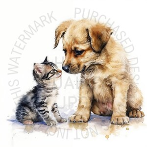 Un chaton et un chiot Clipart Bundle, 17 JPG de haute qualité, aquarelle chiot Clipart, mignon chaton Clipart Bundle, usage Commercial